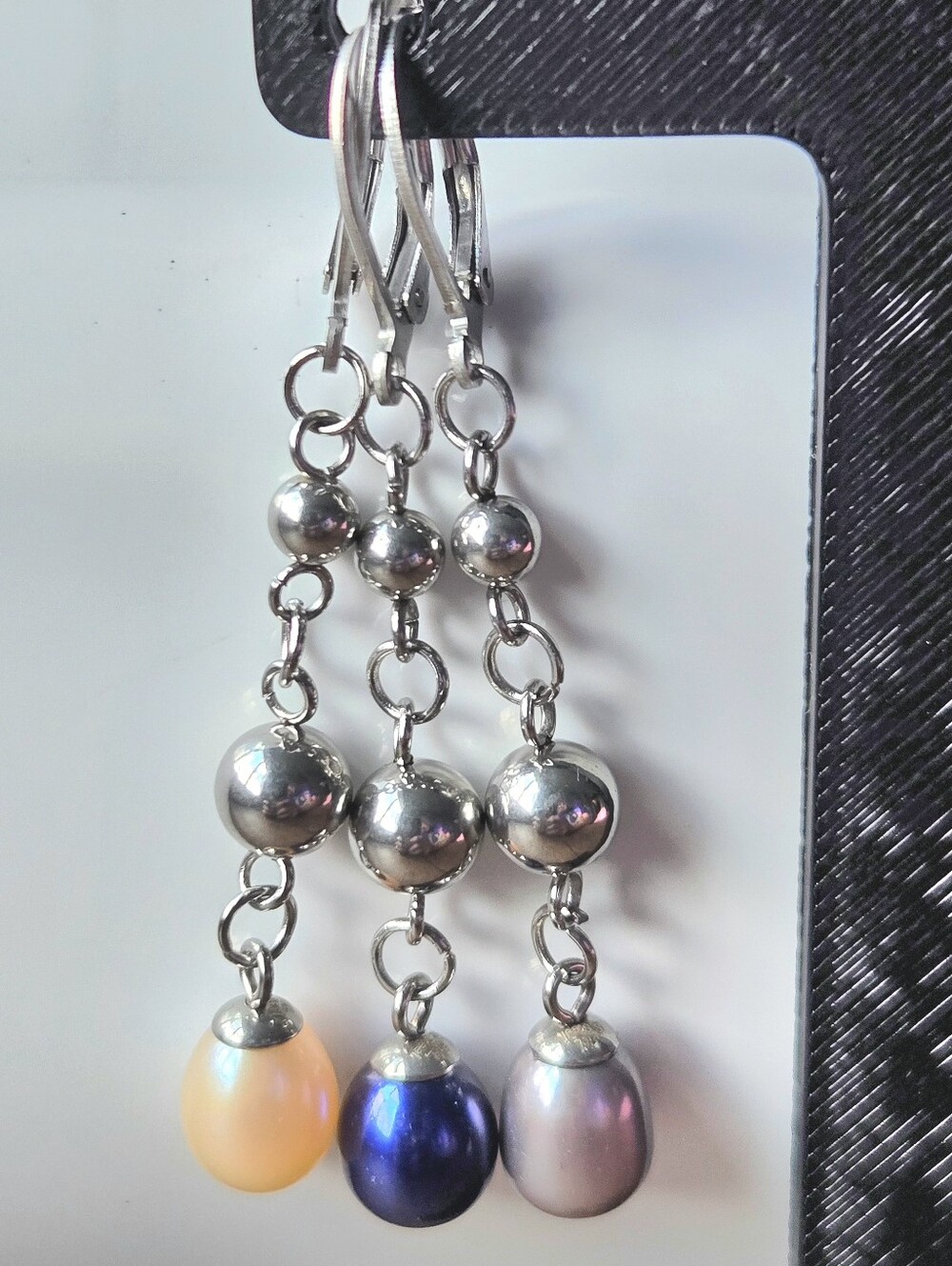 3-Pairs Pearl Dangle Earrings-Pink/Gray/Blue, Silvertone Setting, Leverbacks,